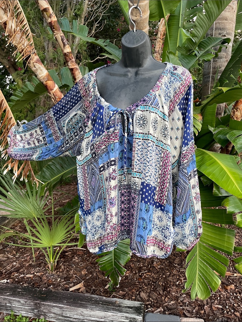 bandanna print patchwork Bohemian blouse with gold thread